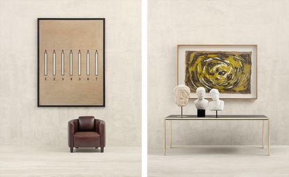 Armani casa armchair and console table with artworks by Mario Merz and Tino Stefanoni 
