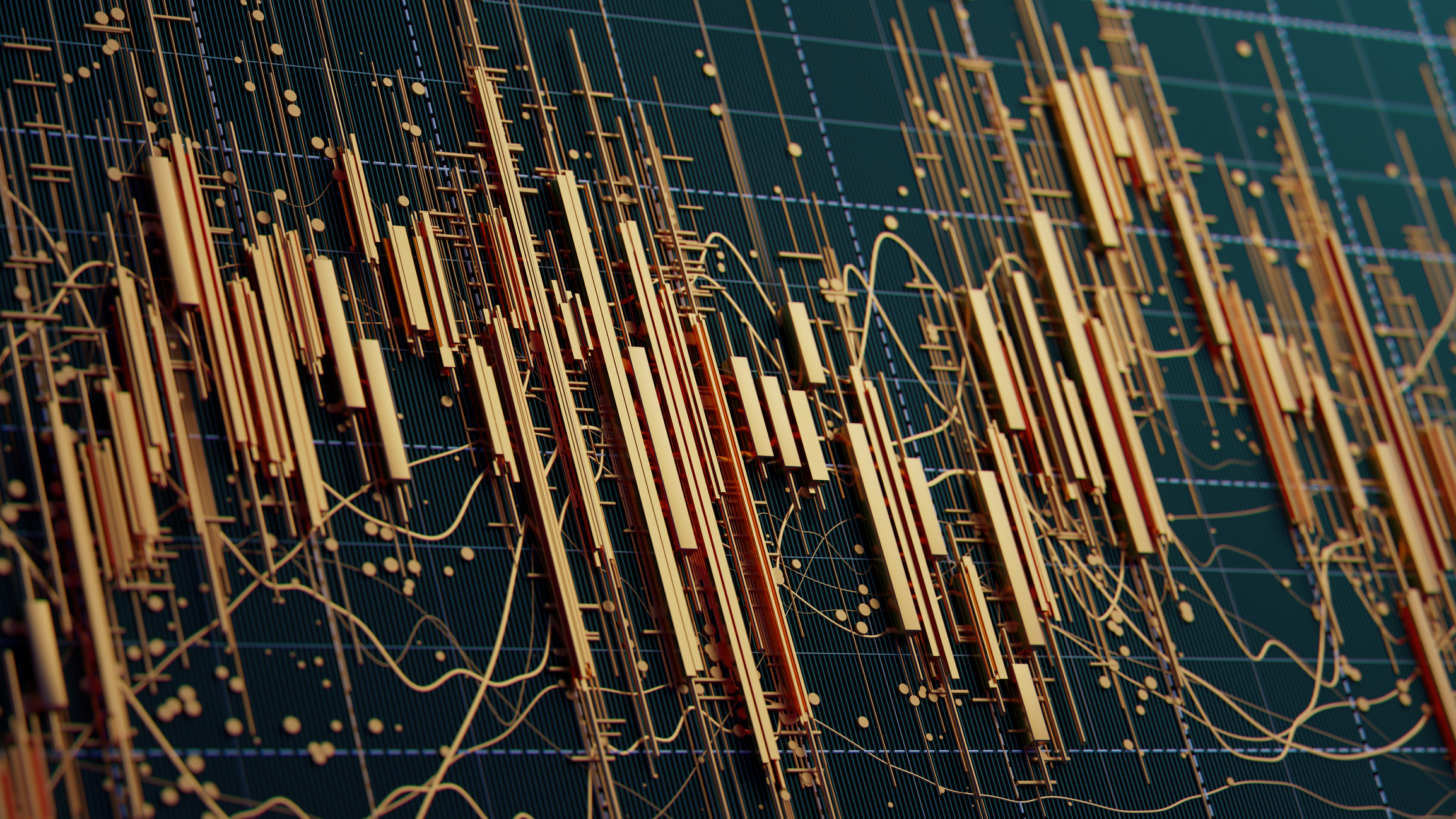 financial chart featuring orange candlesticks and wave lines on a dark grid representing big tech Magnificent seven earnings