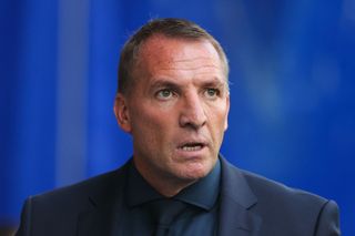 Brendan Rodgers, manager of Leicester City, looks on prior to the Carabao Cup Second Round match between Stockport County and Leicester City at Edgeley Park on August 23, 2022 in Stockport, England.