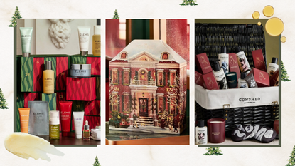 Trio of images of the best beauty advent calendars 2026 (L-R) from ELEMIS, Rituals and Cowshed, on a neutral background with green Christmas trees, balm and oil swatches
