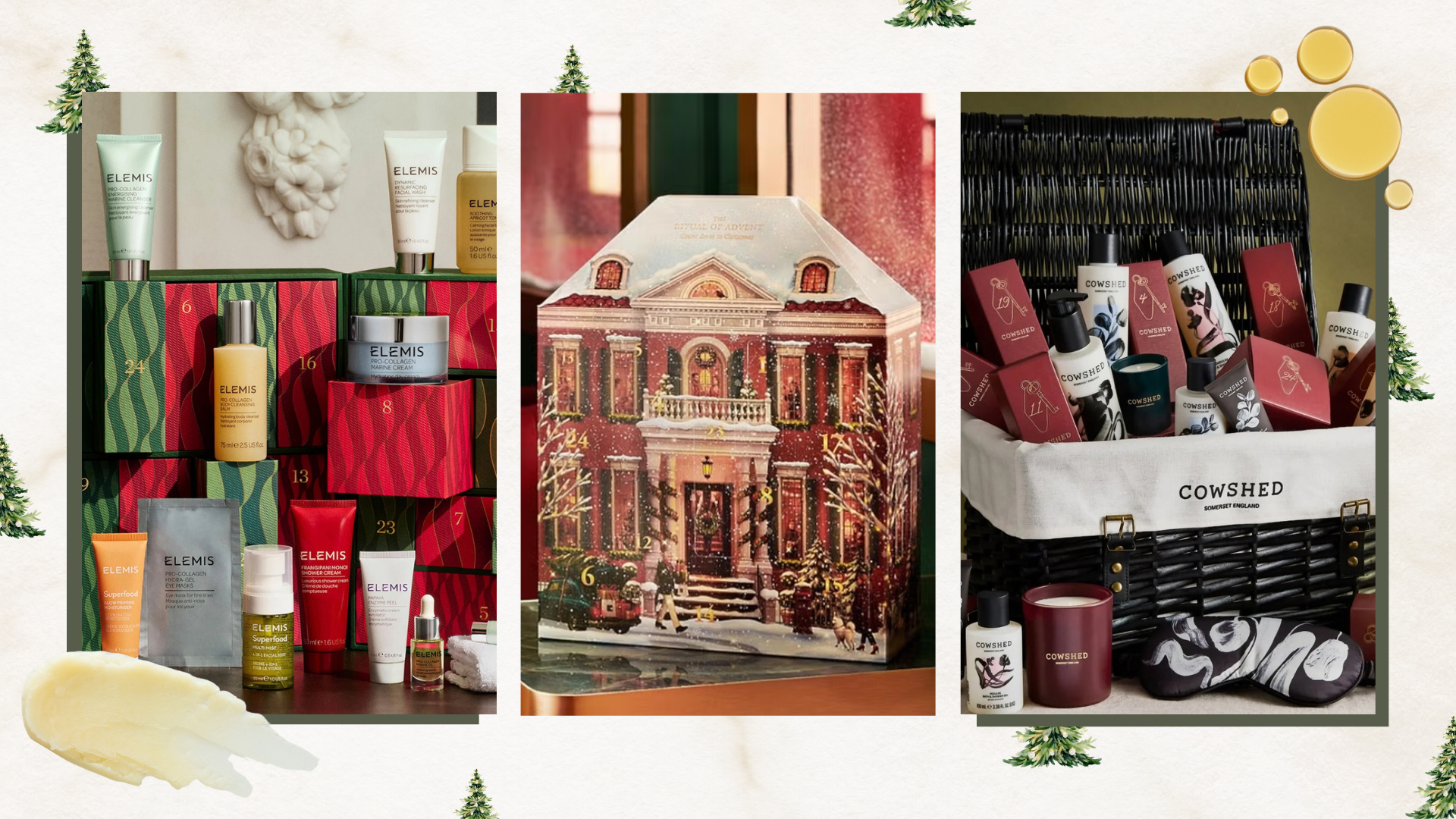 Trio of images of the best beauty advent calendars 2026 (L-R) from ELEMIS, Rituals and Cowshed, on a neutral background with green Christmas trees, balm and oil swatches