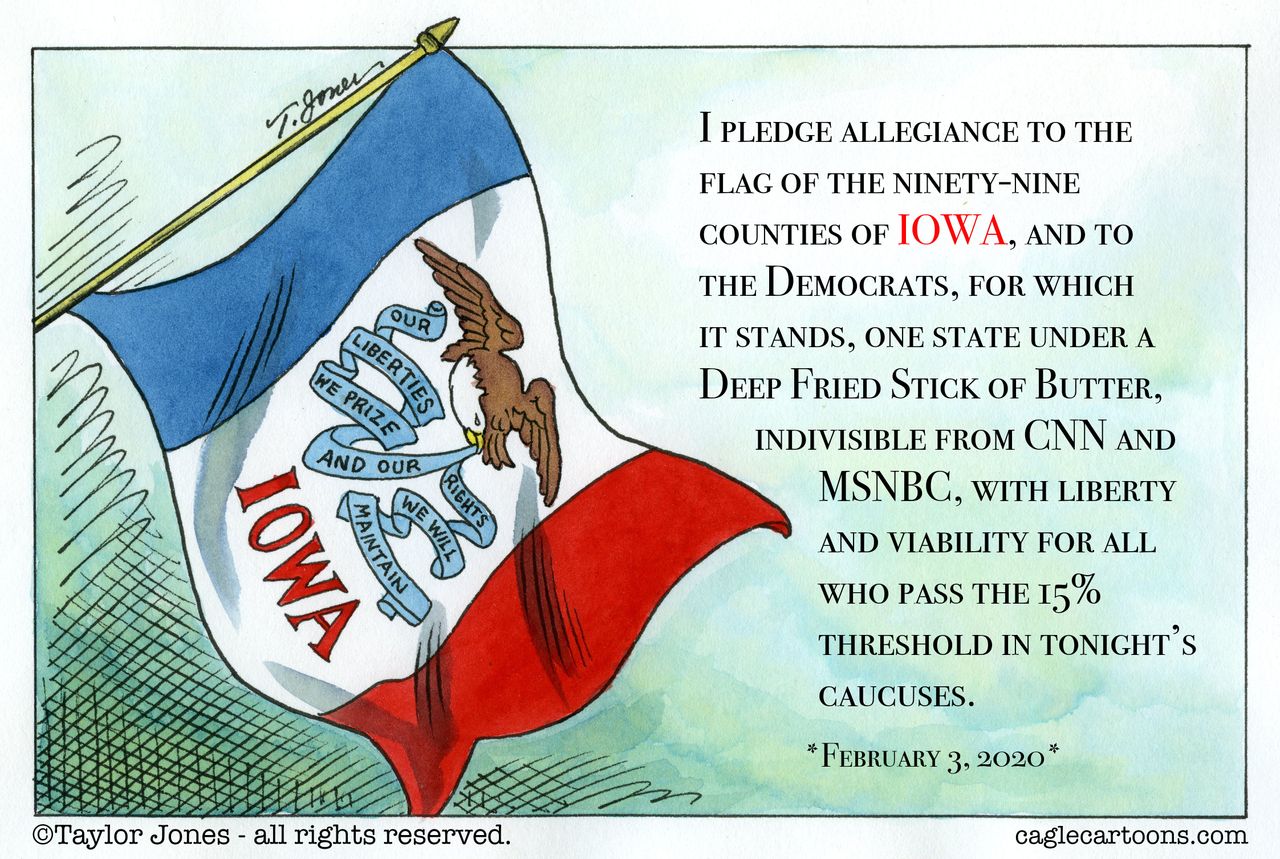 Political Cartoon U.S. Pledge of allegiance Iowa Caucus