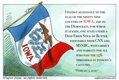 Political Cartoon U.S. Pledge of allegiance Iowa Caucus