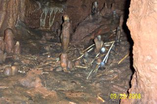 Inside this cave are soda straws, cave formations that grow down from the ceiling, lying broken on the floor. Some of the soda straws have been covered by deposits called flowstones.