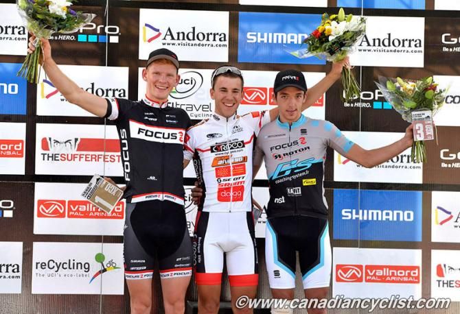 U23 men's cross country podium: Markus Schulte-Luenzum, Hugo Drechou, Jordan Sarrou