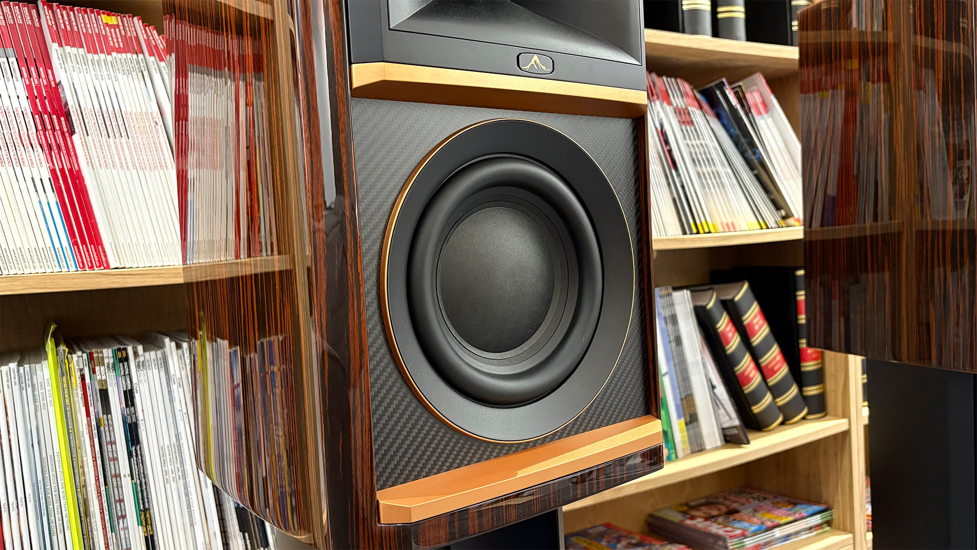 JBL Summit Ama standmount speakers in front of bookcase close up on bass unit