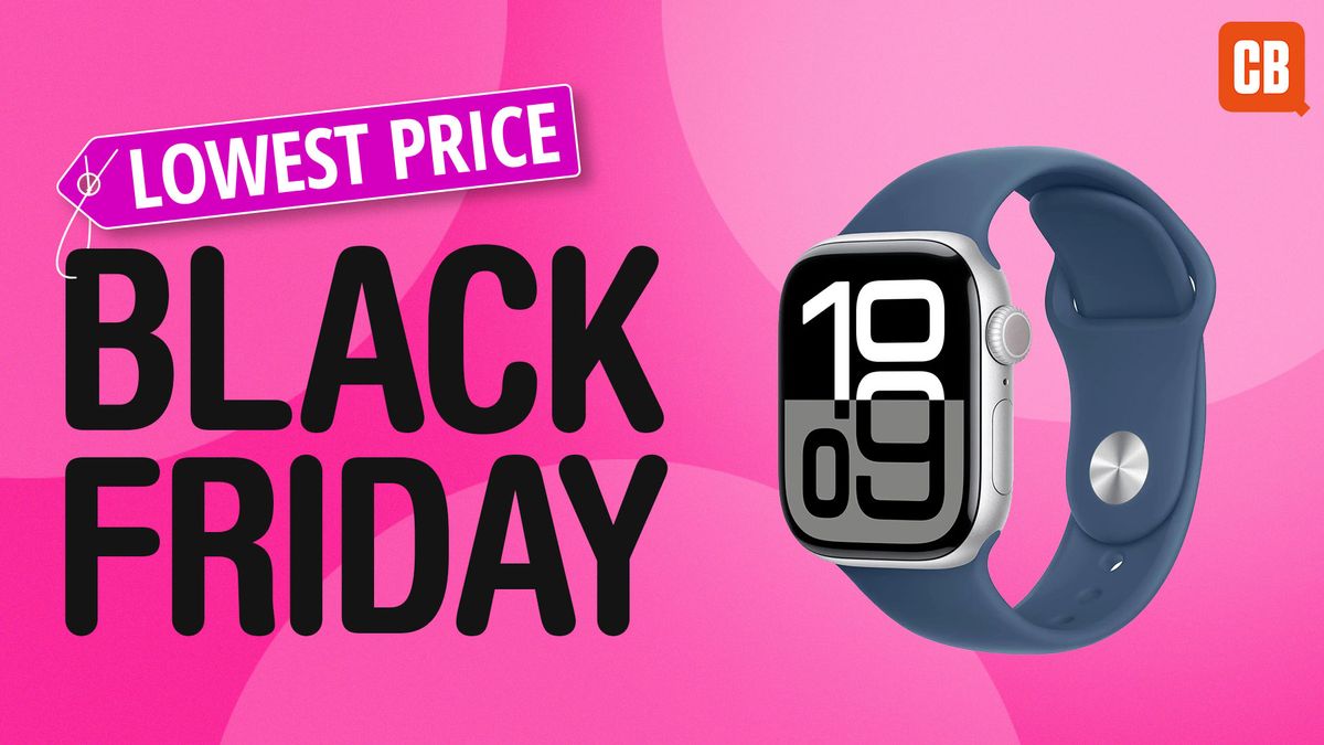 Apple Watch Series 10 on a pink background with text that says &#039;lowest price, Black Friday&#039;