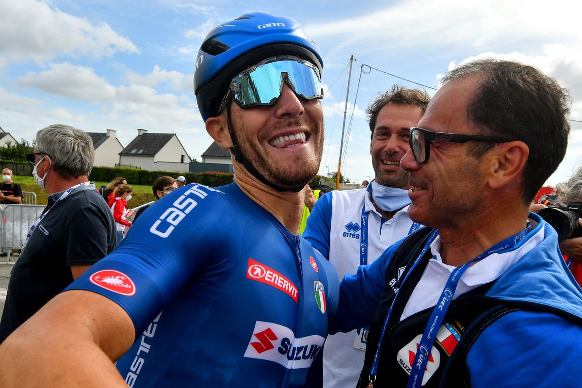 2020 UEC Road European Championships Men Elite Road Race Plouay Plouay 17745 km 26082020 Giacomo Nizzolo Italy Davide Cassani ITA CT photo Dario BelingheriBettiniPhoto2020