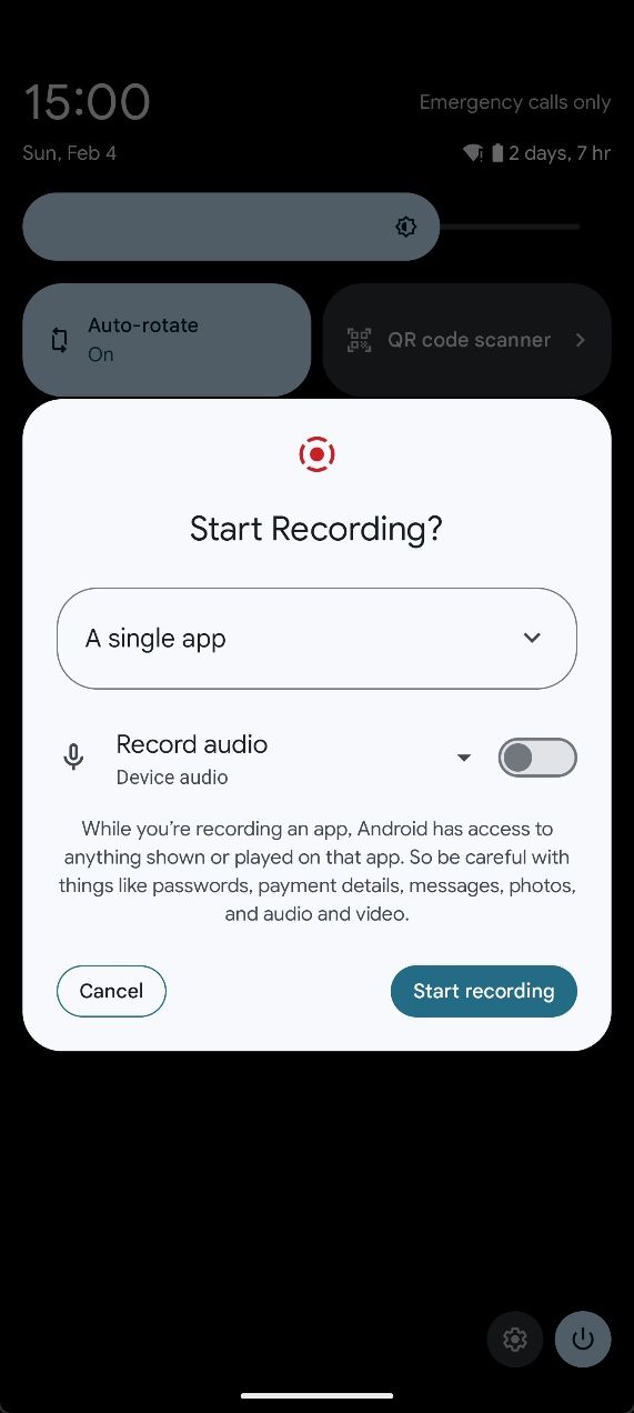 Screen recorder dialog in Android 14 QPR2