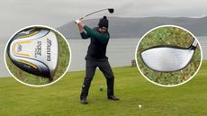A golfer at the top of their backswing and two inset images of a Mizuno driver