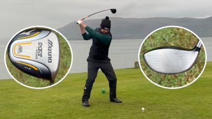 A golfer at the top of their backswing and two inset images of a Mizuno driver