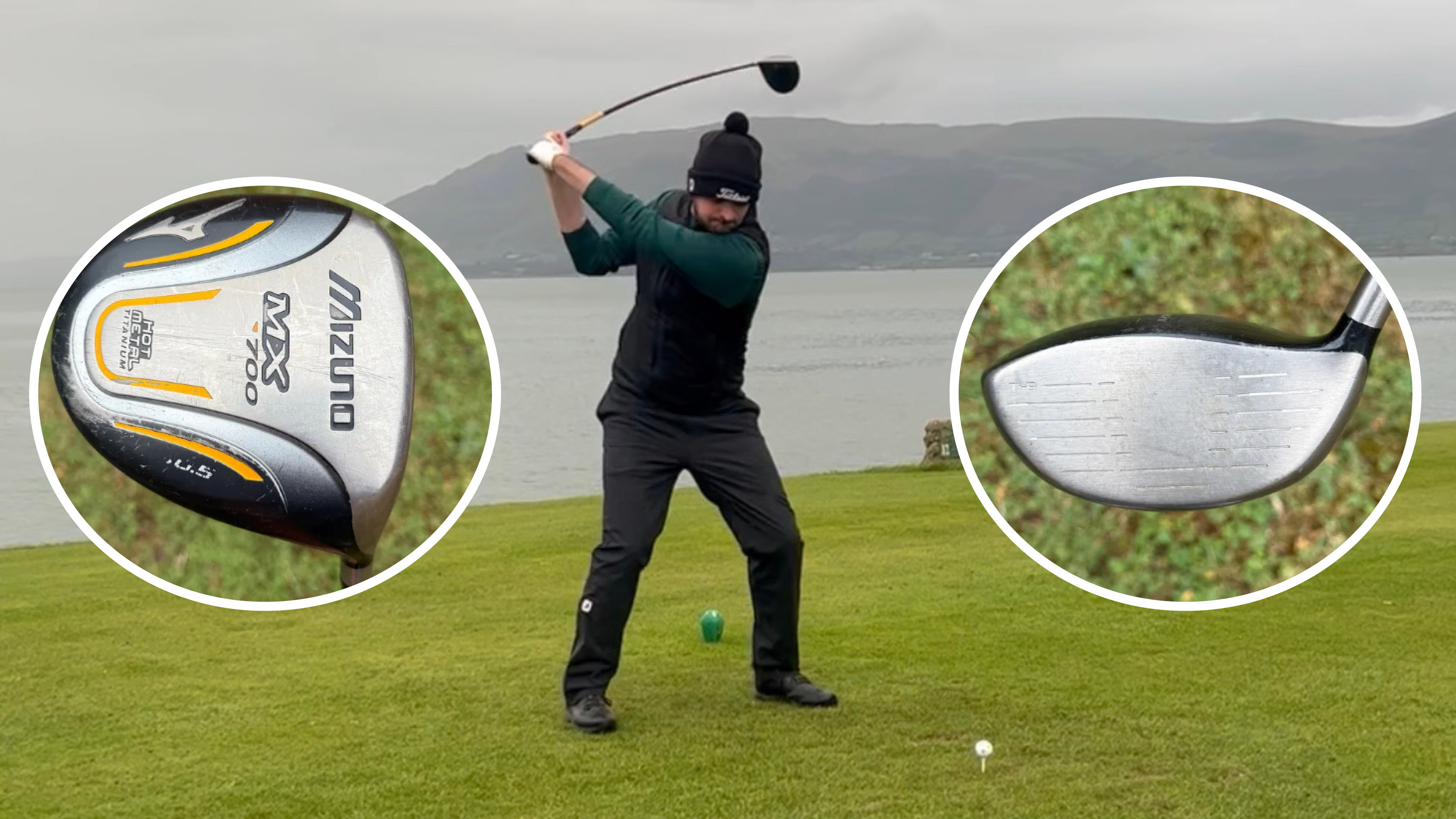 A golfer at the top of their backswing and two inset images of a Mizuno driver