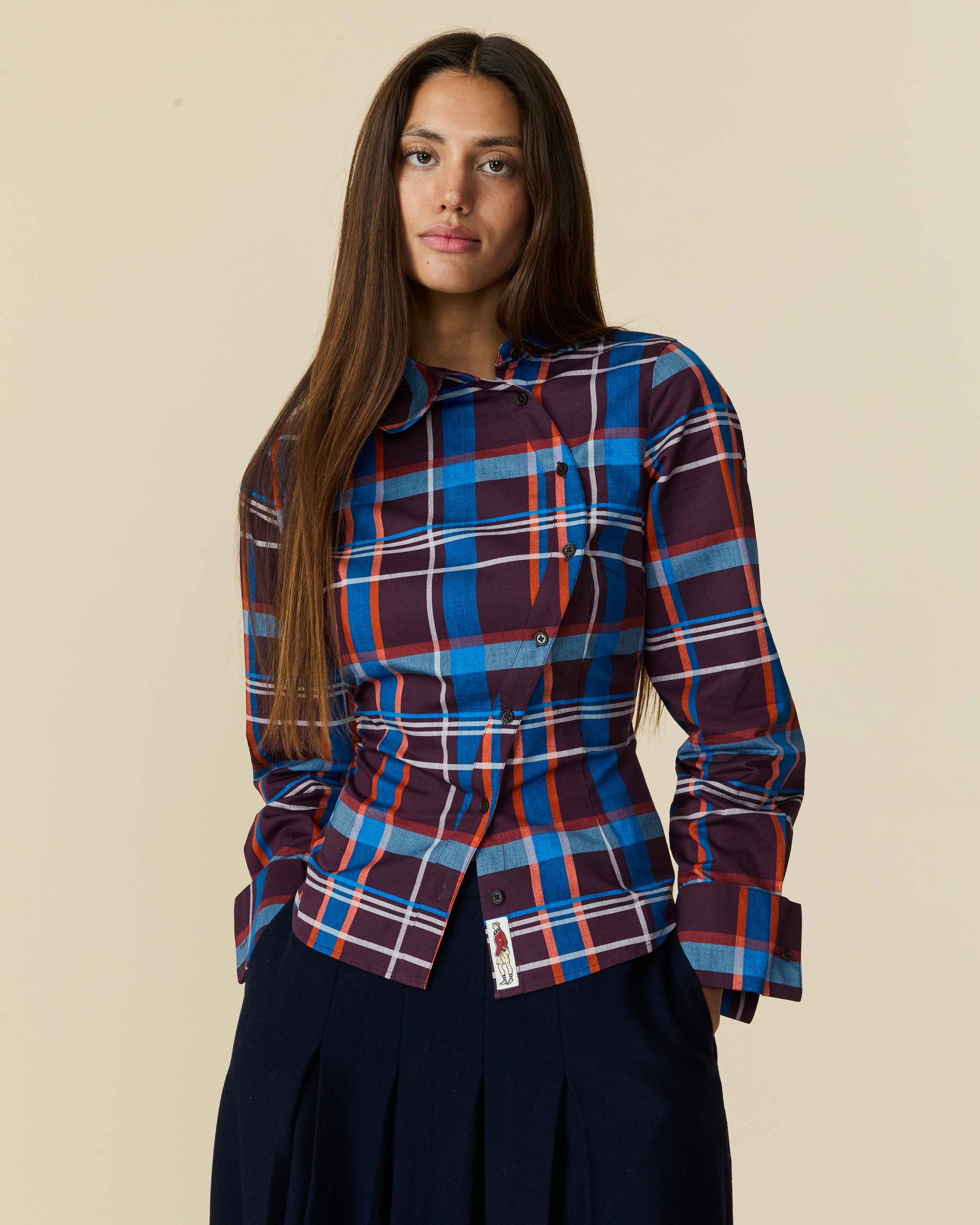 Women's Cotton Poplin Plaid Asymmetrical Button Down Blue Brown Plaid - Blue Brown Plaid / Xs