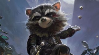 A racoon armed with a sword tosses dice into the air in Humblewood art by Paul Canavan