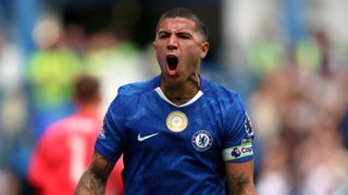 Enzo Fernandez of Chelsea celebrates scoring his team's second goal from the penalty spot during the Premier League match between Chelsea and Fulham at Stamford Bridge on August 30, 2025 in London, England. 