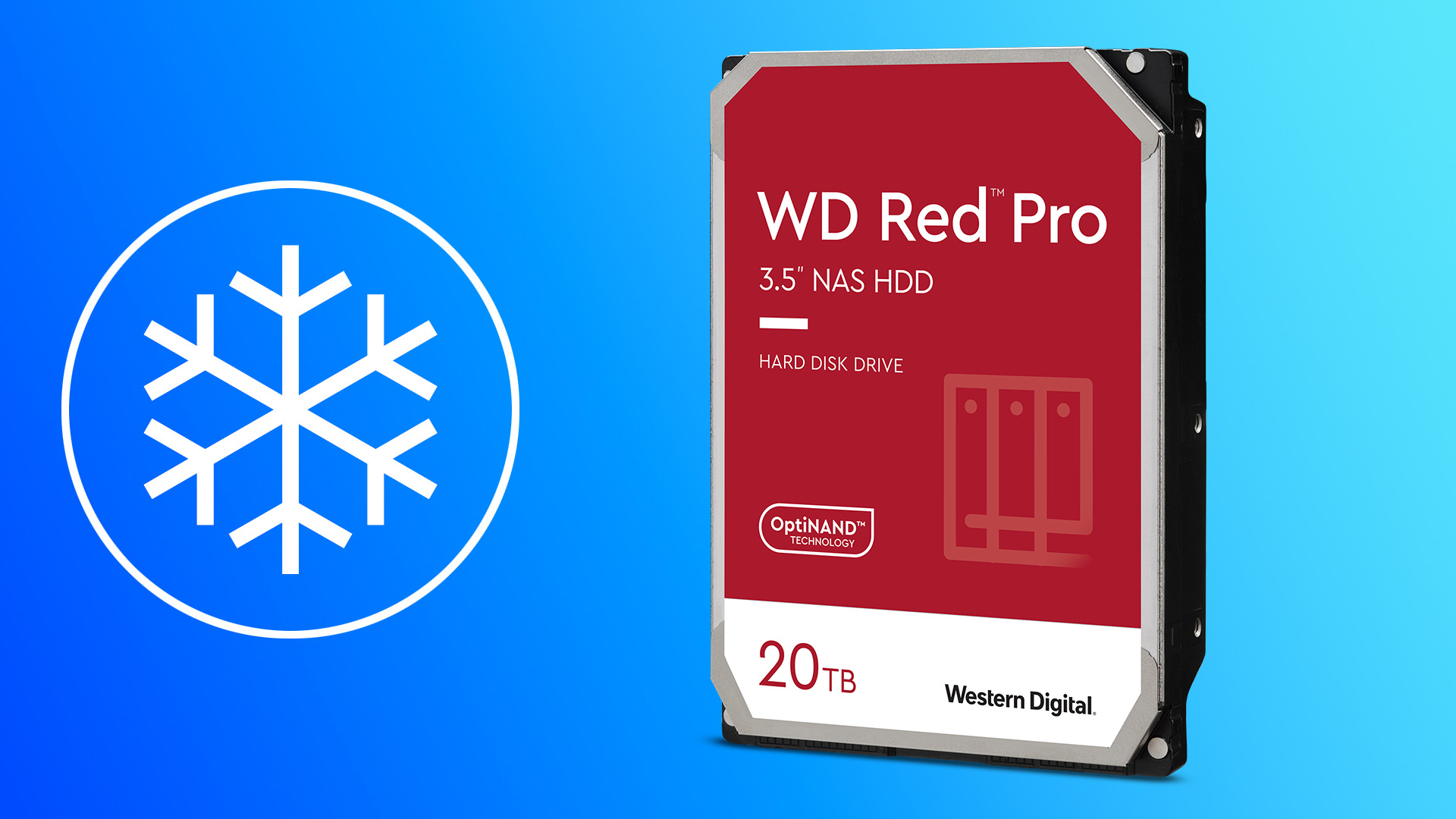 Western Digital hard drive next to a snowflake icon on blue