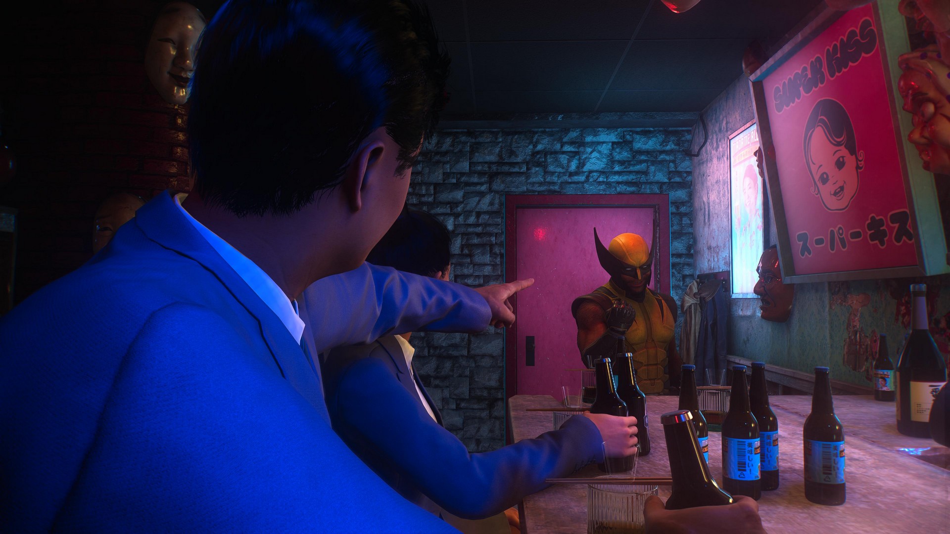 A Japanese salary man in a bar points to Logan in Marvel's Wolverine as he grins