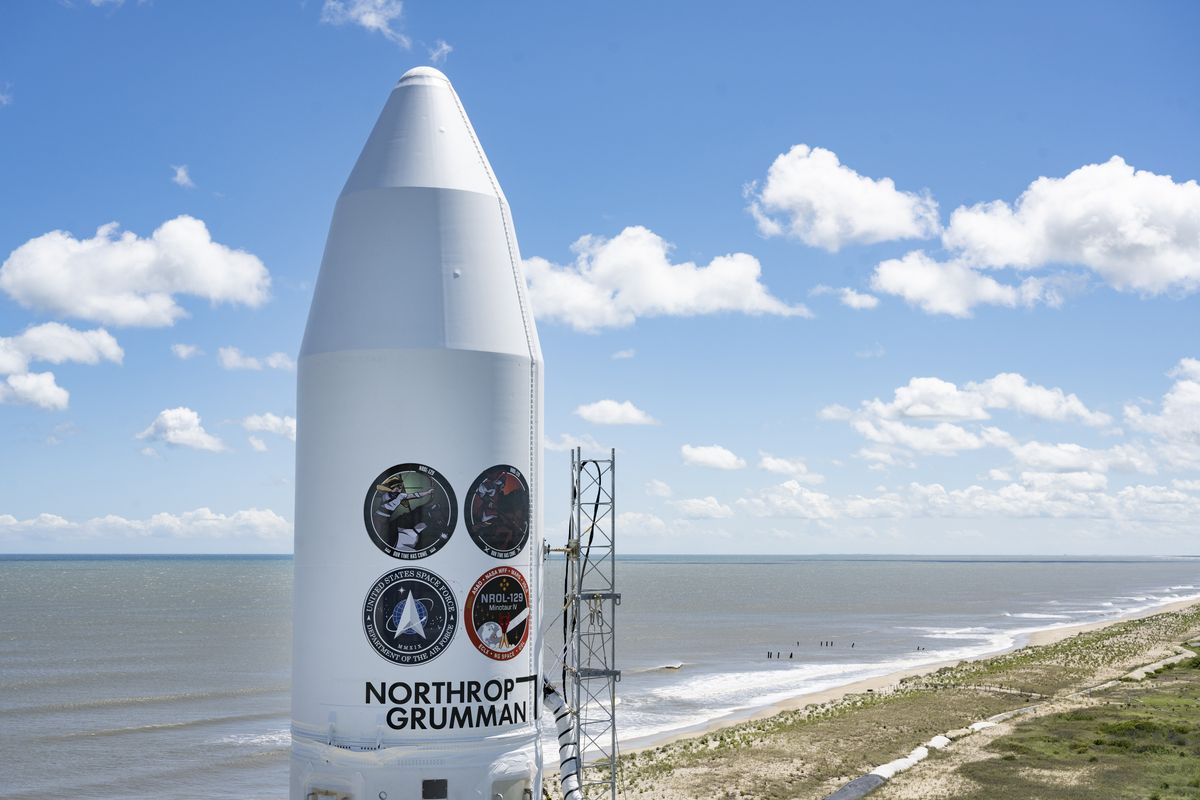 A Northrop Grumman Minotaur IV rocket carrying NROL-129, four classified payloads for the U.S. National Reconnaissance Office, stands atop Pad-0B of NASA's Wallops Flight Facility ahead of a July 15, 2020 launch.