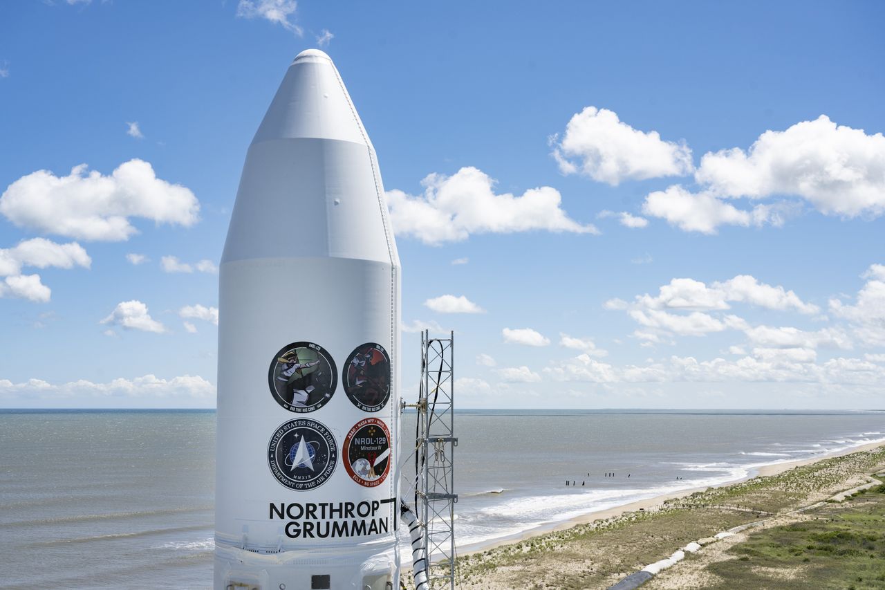 A Northrop Grumman Minotaur IV rocket carrying NROL-129, four classified payloads for the U.S. National Reconnaissance Office, stands atop Pad-0B of NASA's Wallops Flight Facility ahead of a July 15, 2020 launch.