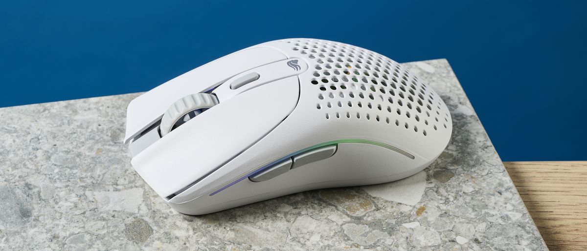 A white Glorious Model O 2 wireless gaming mouse