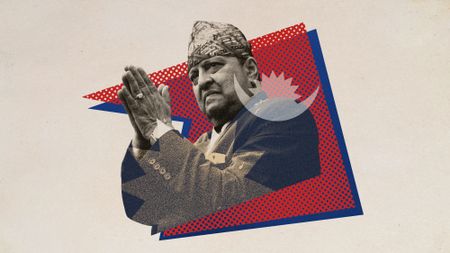 Photo collage of former King of Nepal Gyanendra Shah and a deconstructed depiction of the Nepal flag in the background