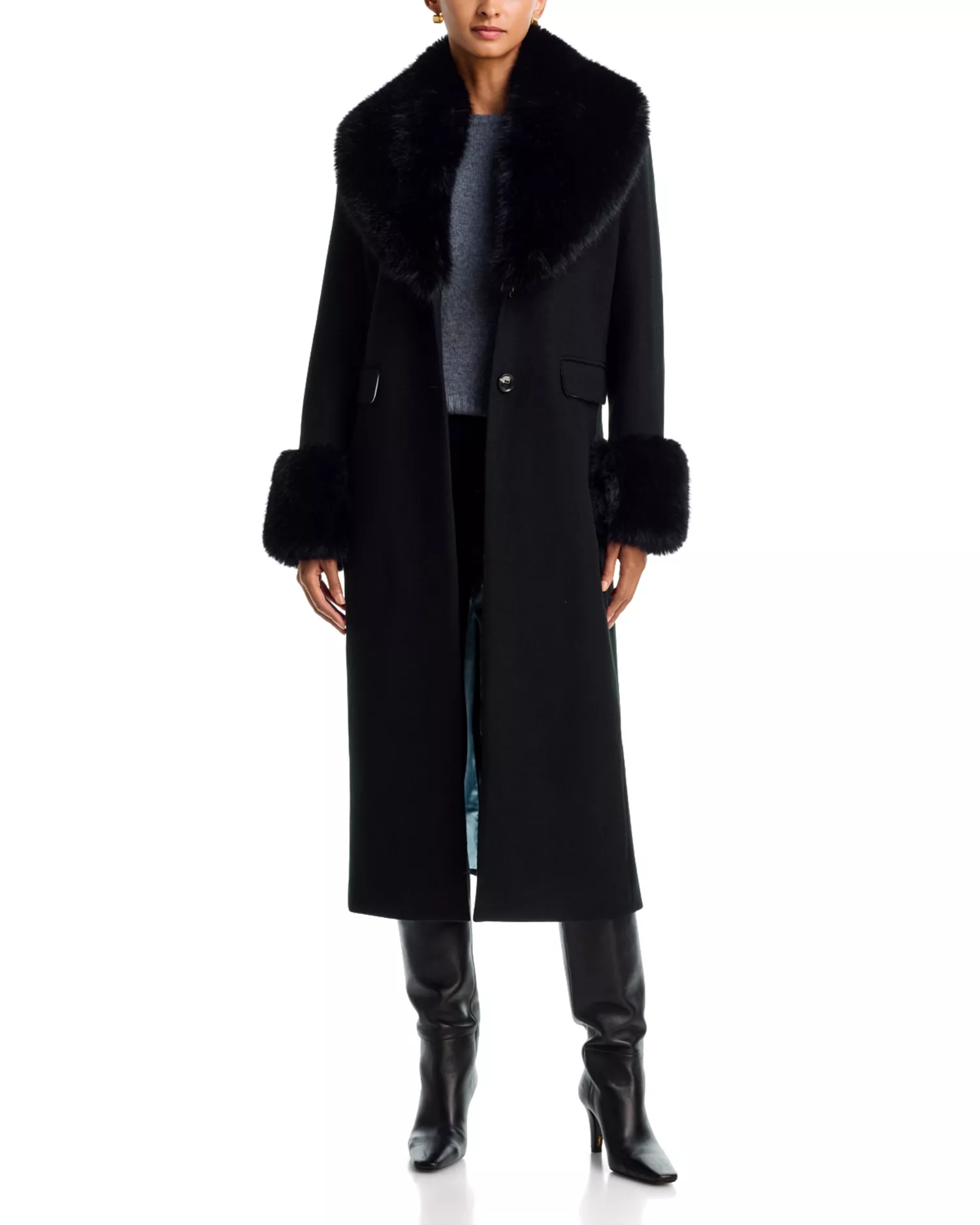 AQUA x Nicky Hilton, Long Wool Coat with Faux Fur Trim