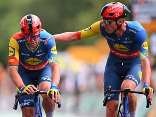 Tour de France stage 5: Mads Pedersen (l) crosses the finish line with support from teammate Tim de Clercq