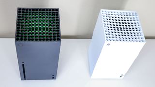 An overhead view of the Xbox Series X and Xbox Series X Digital Edition