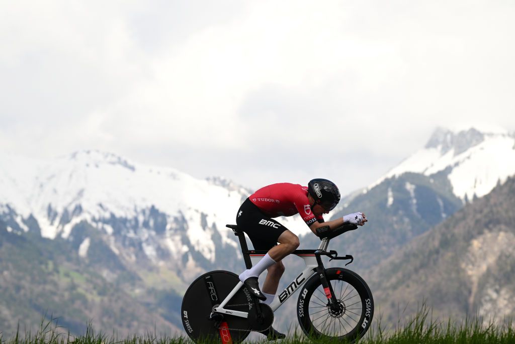 PORTVALAIS SWITZERLAND APRIL 25 Joel Suter of Switzerland and Tudor Pro Cycling Team sprints during the 76th Tour De Romandie 2023 Prologue a 682km stage from PortValais to PortValais UCIWT on April 25 2023 in PortValais Switzerland Photo by Dario BelingheriGetty Images
