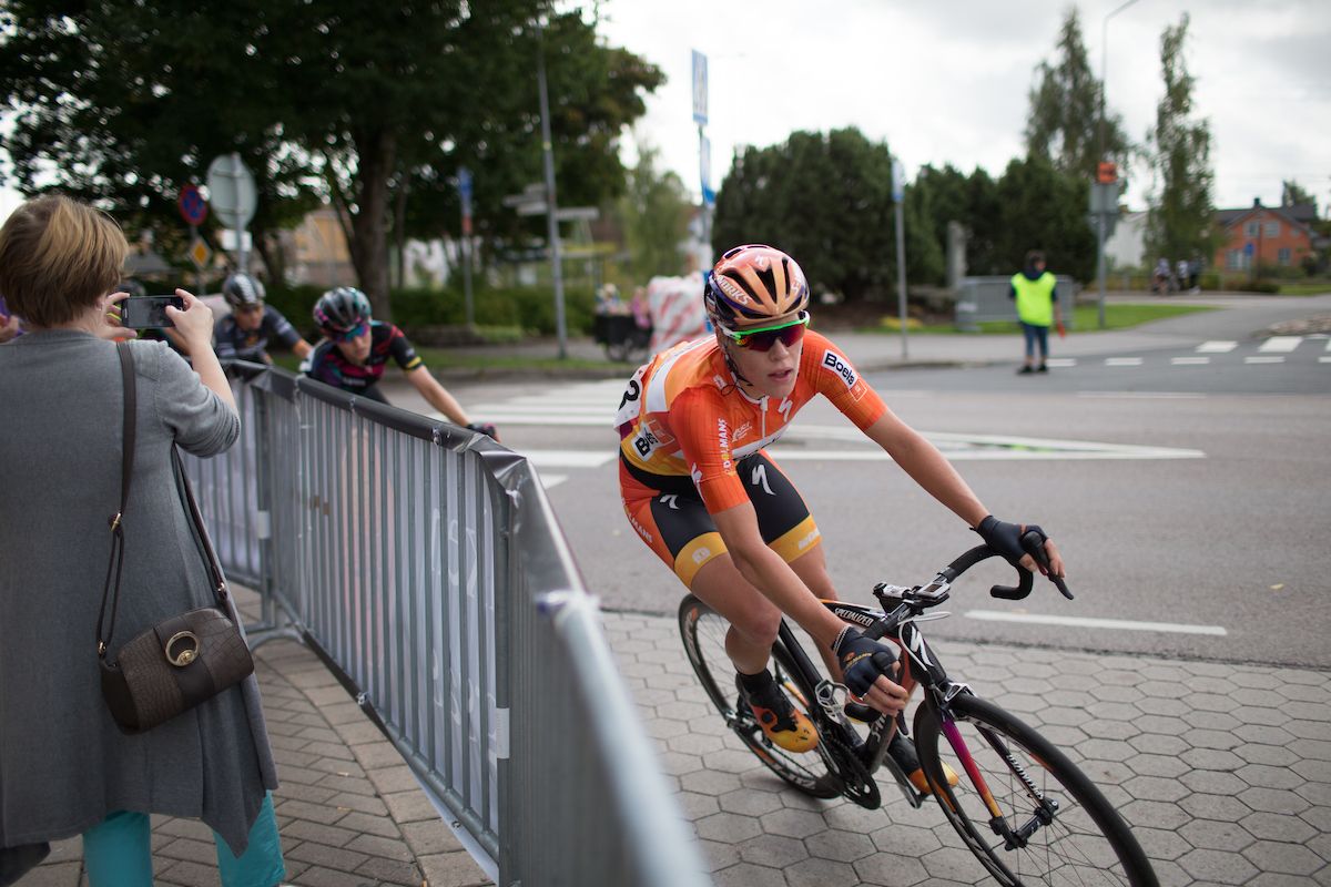 Ellen van Dijk (NED) of Boels-Dolmans Cycling Team leans into the final corner of the penultimate lap