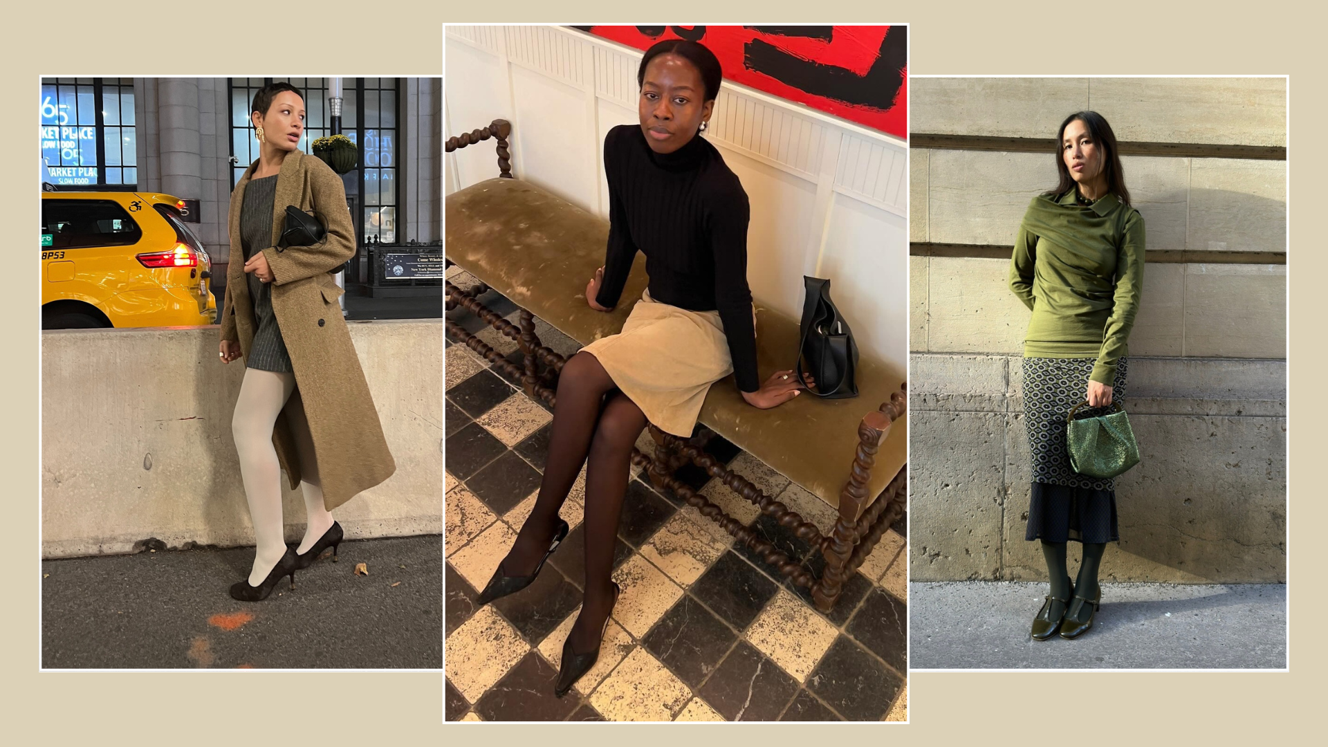 Three fashion people wear coloured tights outfits.