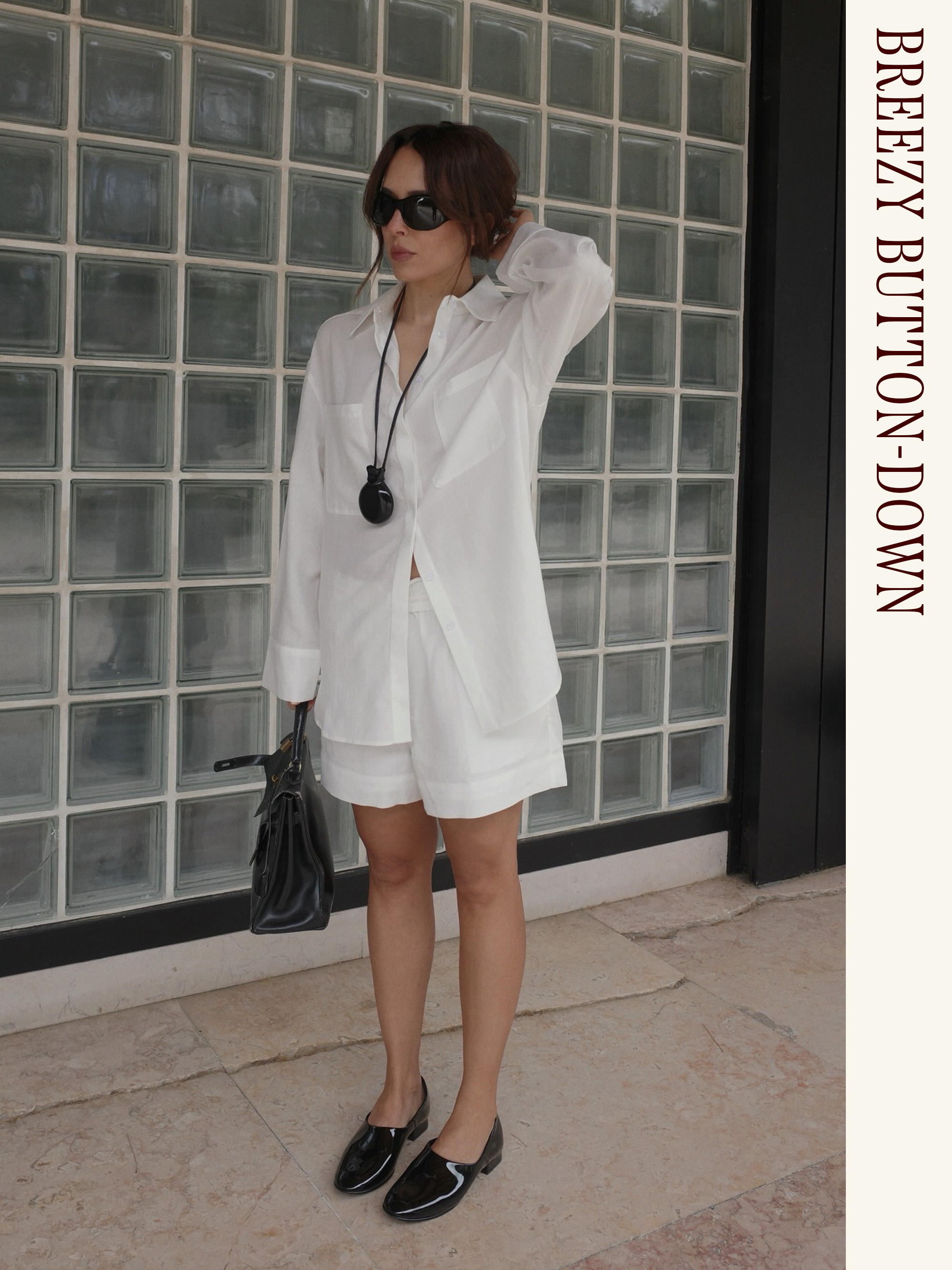Influencer wearing a white button-down and shorts with patent leather shoes
