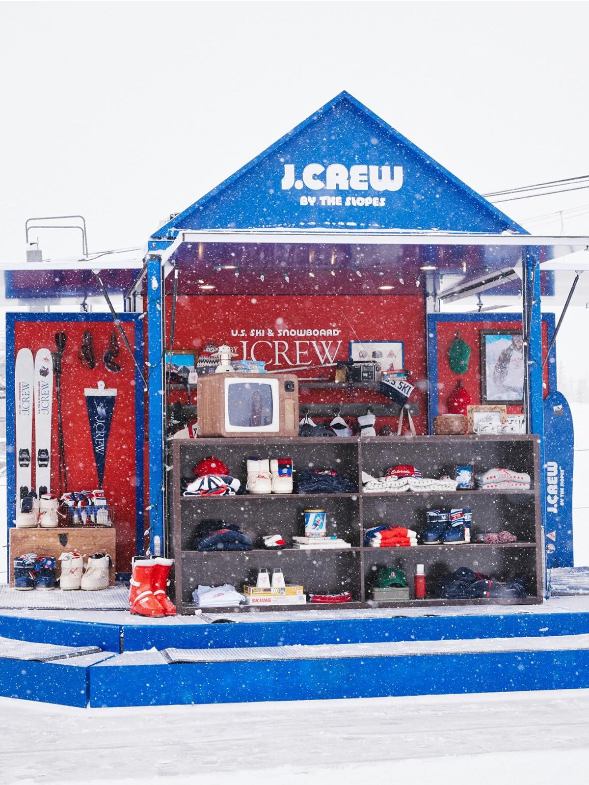 A photo of the J.Crew pop-up in Aspen celebrating the U.S. Ski &amp; Snowboard partnership.