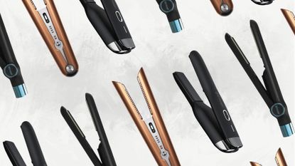 Collage of three of the best cordless straighteners from Revamp, Dyson and ghd, set against an off-white marble background