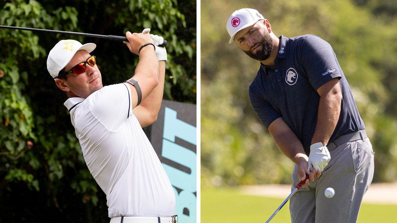 Lucas Herbert and Jon Rahm hitting shot in practice for LIV Golf Mayakoba