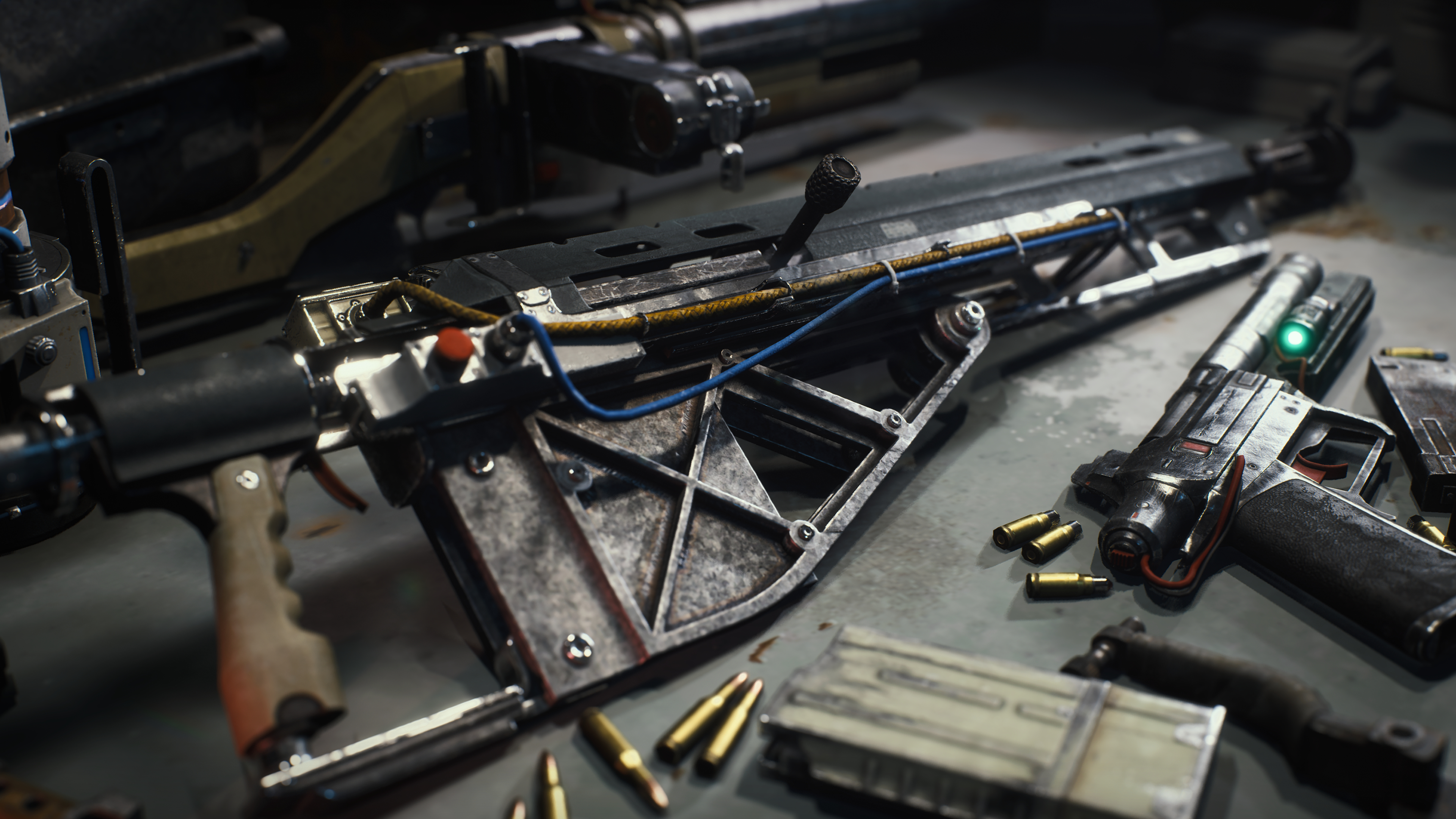 Arc Raiders Rusted Tool locations: A close up of various guns, ammo, and attachments on a workbench.