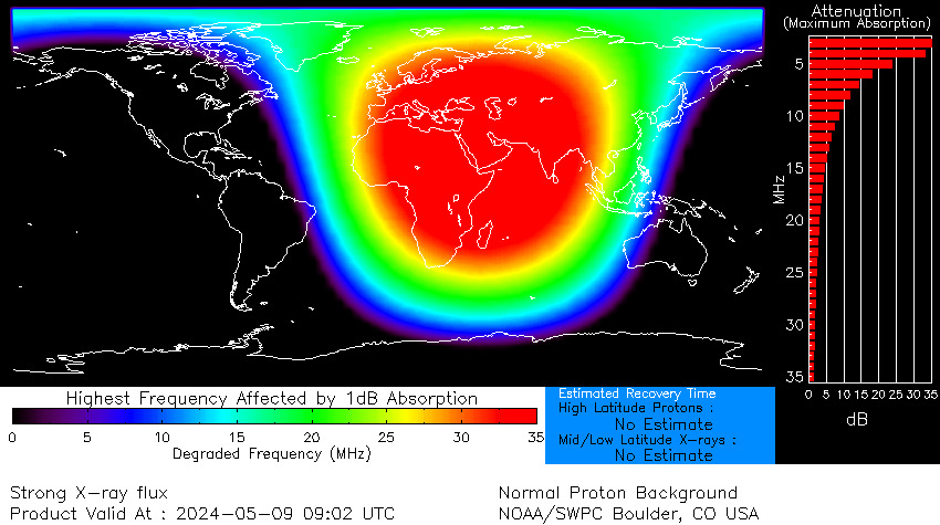 radio blackouts across the sunlit portion of Earth at the time of the eruption. Shows large parts of europe and Africa affected by the radio blackouts.