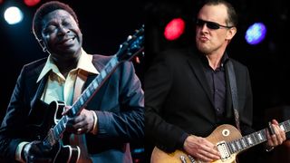LEFT: Blues guitarist B.B. King on stage performing. He is shown waist-up, with his eyes closed, playing guitar. Photograph, 1981. RIGHT: Joe Bonamassa performs on stage as part of his British Blues Explosion tour, special tribute tour to Jeff Beck, Eric Clapton and Jimmy Page at the Old Royal Naval College on July 7, 2016 in Greenwich, England