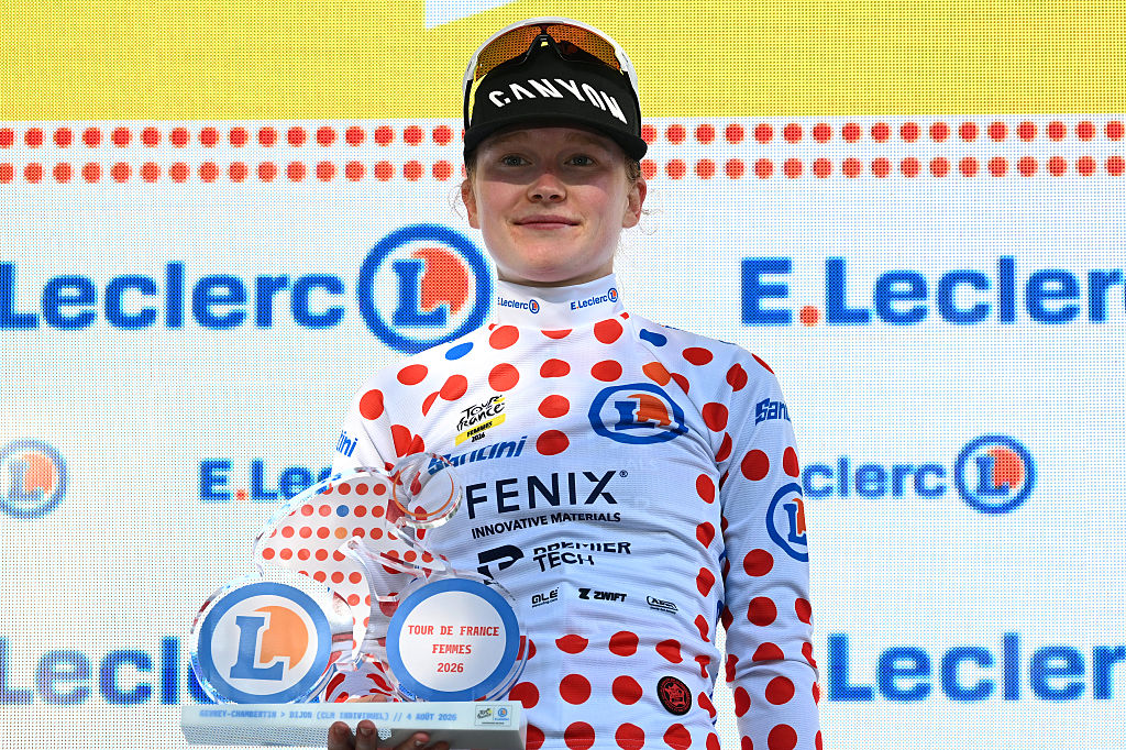 DIJON, FRANCE - AUGUST 04: Puck Pieterse of Netherlands and Team Fenix - Premier Tech celebrates at podium as Polka Dot Mountain Jersey winner during the 5th Tour de France Femmes 2026, Stage 4 a 21km individual time trial stage from Gevrey-Chambertin to Dijon / #UCIWWT / on August 04, 2026 in Dijon, France. (Photo by Tim de Waele/Getty Images)