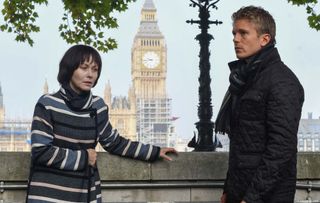 Amanda Mealing and George Rainsford filming in London