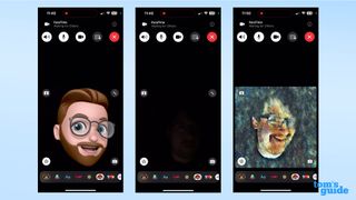 Three screenshots showing FaceTime in the dark with Memoji enabled (left), without filters, and with Watercolor enabled