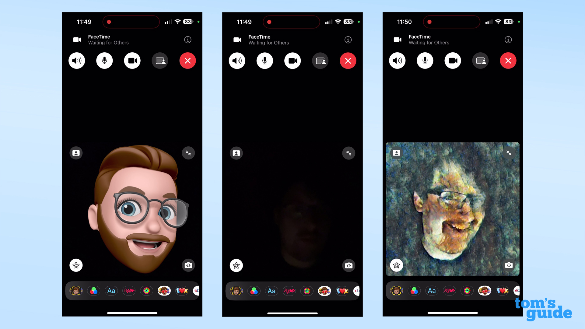 Tres capturas de pantalla que muestran FaceTime en la oscuridad con Memoji habilitado (izquierda), sin filtros y con acuarela habilitada