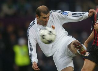 Zinedine Zidane scores for Real Madrid against Bayer Leverkusen in the 2002 Champions League final at Hampden Park.