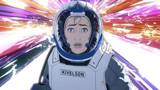 Screenshot from the animated tv series Love, Death & Robots. This still is from the episode The Very Pulse of the Machine. Here we see a female astronaut looking directy at us, a worried and shocked look on her face.