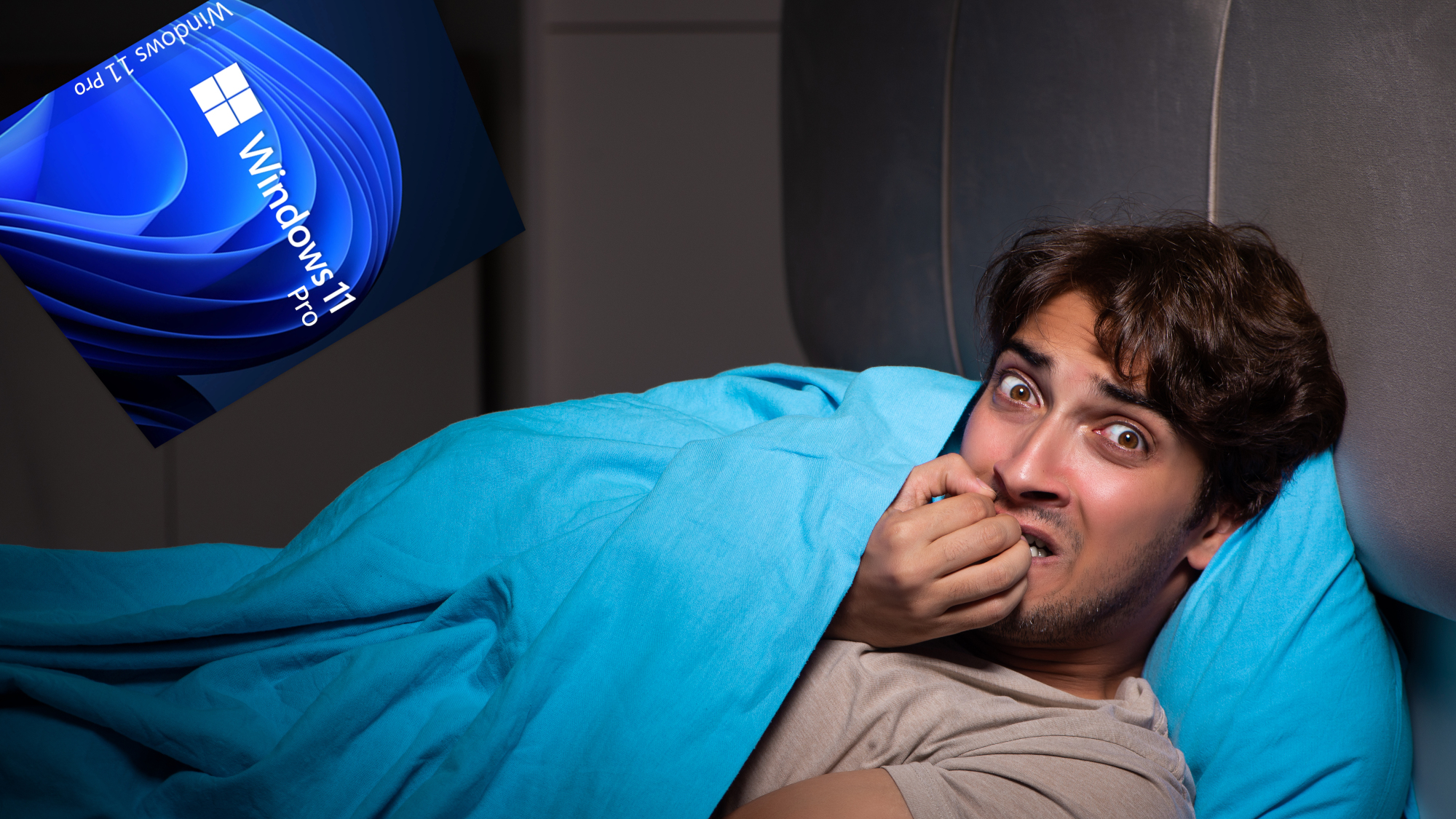 Pria di tempat tidur mengalami mimpi buruk tentang Windows 11