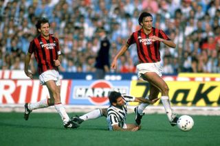 Massimo Briaschi of Juventus (centre) competes for the ball with AC Milan pair Franco Baresi (left) and Dario Bonetti in 1986/87.