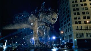 Godzilla walking the streets of New York City in Godzilla