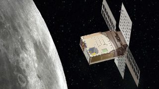 cubesat satellite with solar panels extended beside the moon