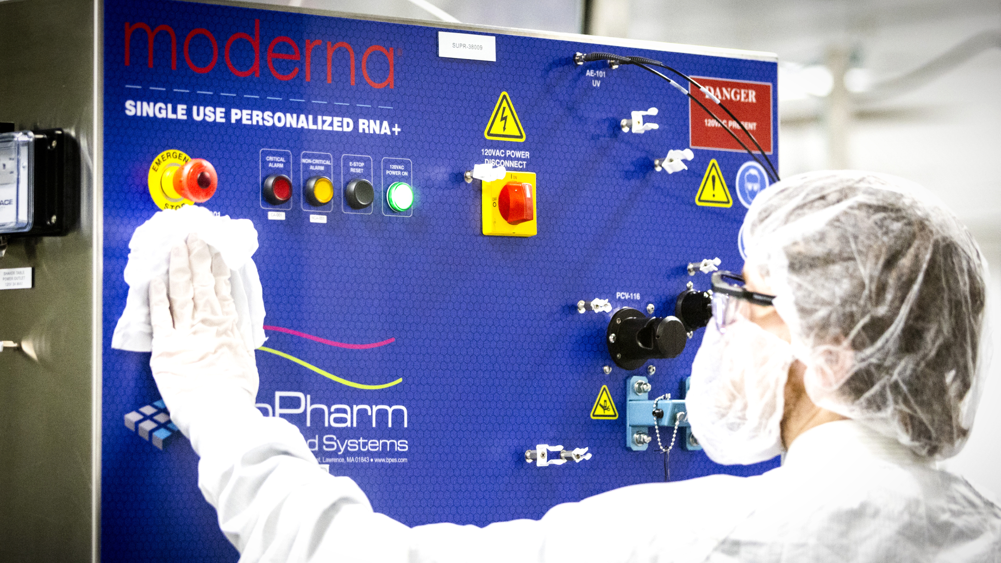 An employee works in a lab focused on cancer vaccine research at the Moderna headquarters in Cambridge, Massachusetts.