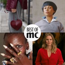 Split image of Myha’la, heart purse, manicure, and kristen bell in 'nobody wants this' with 'best of mc' white and black circular stamp in middle 